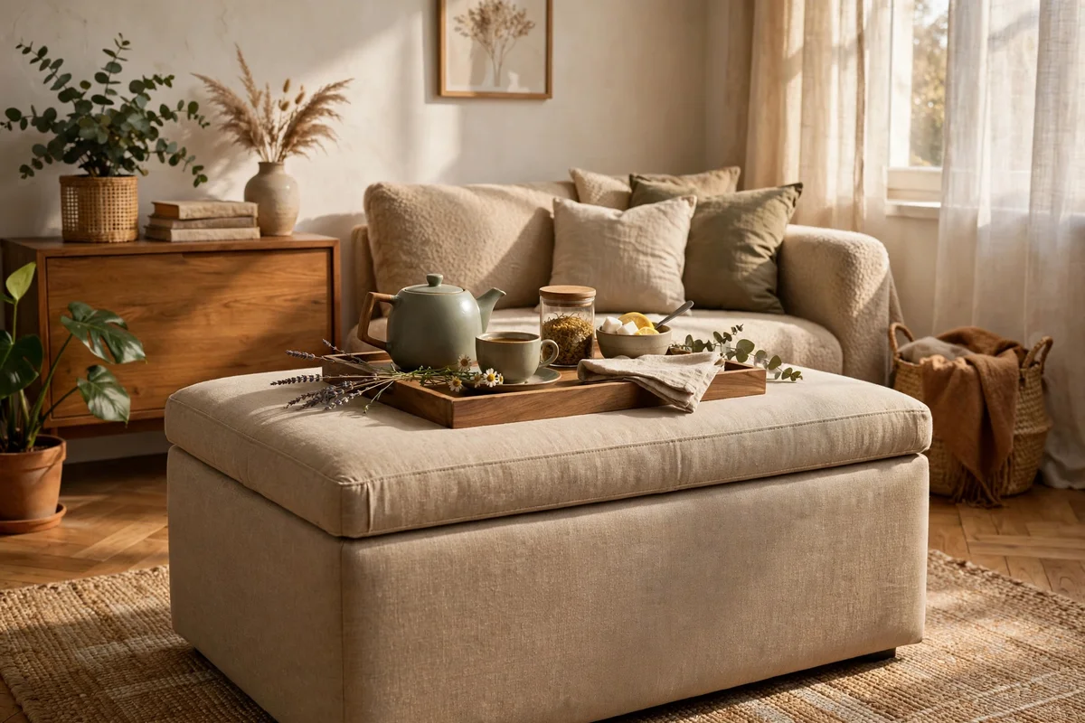 Lidded storage ottoman with tray on top serving as coffee table in an apartment living room
