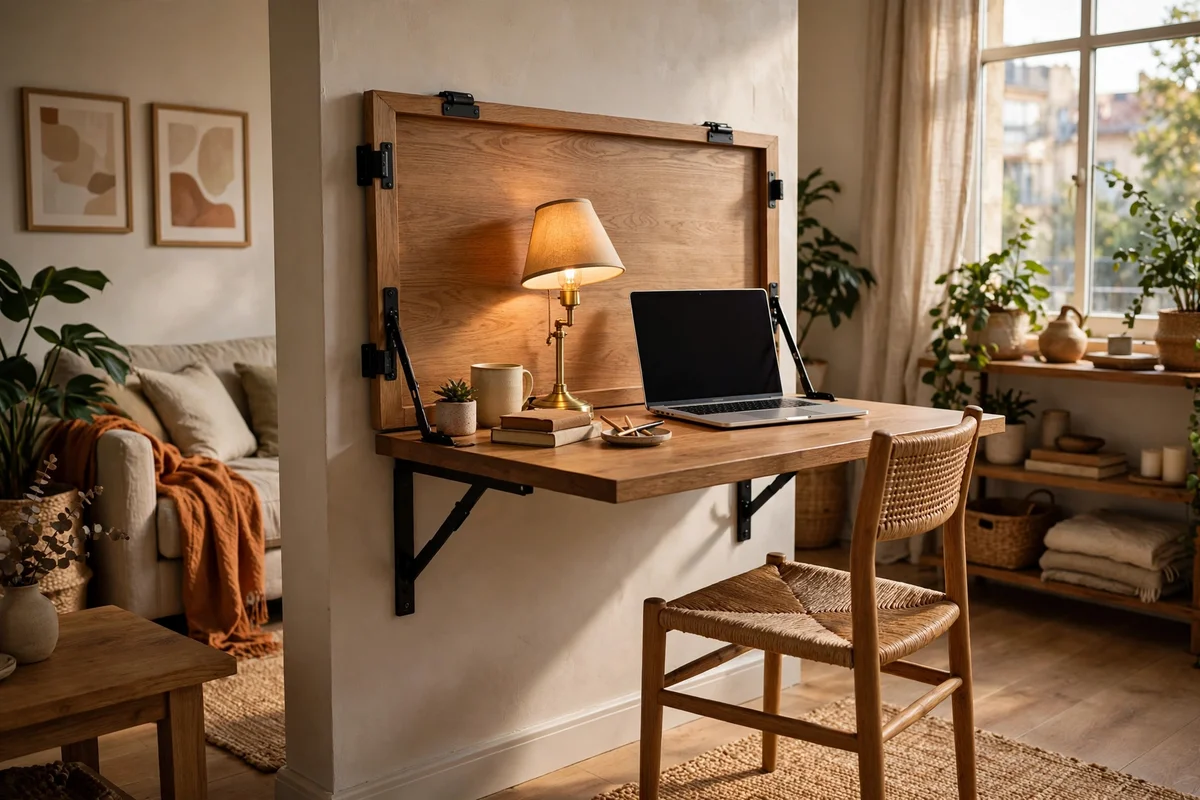Wall mounted folding desk open with laptop and lamp in an apartment living room, chair tucked beneath