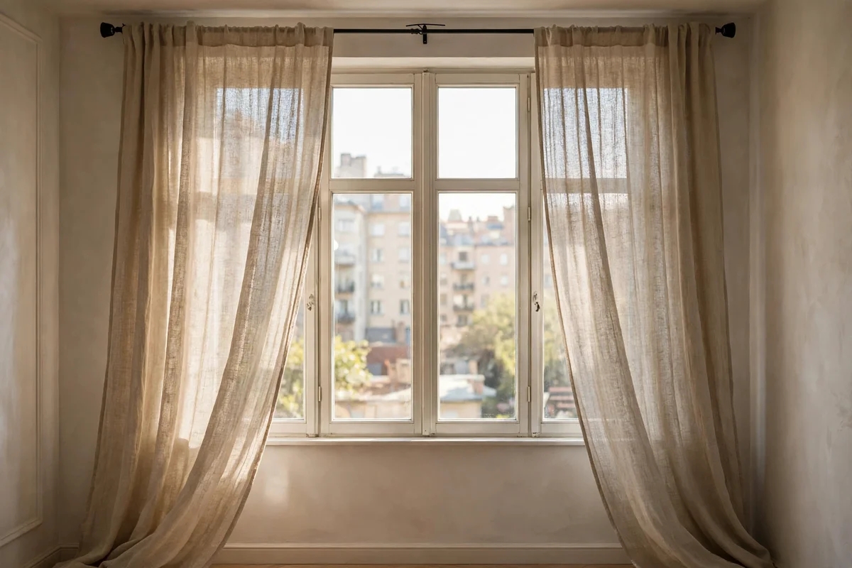 Tension rod with linen curtains hung high and wide over an apartment window, daylight filtering through