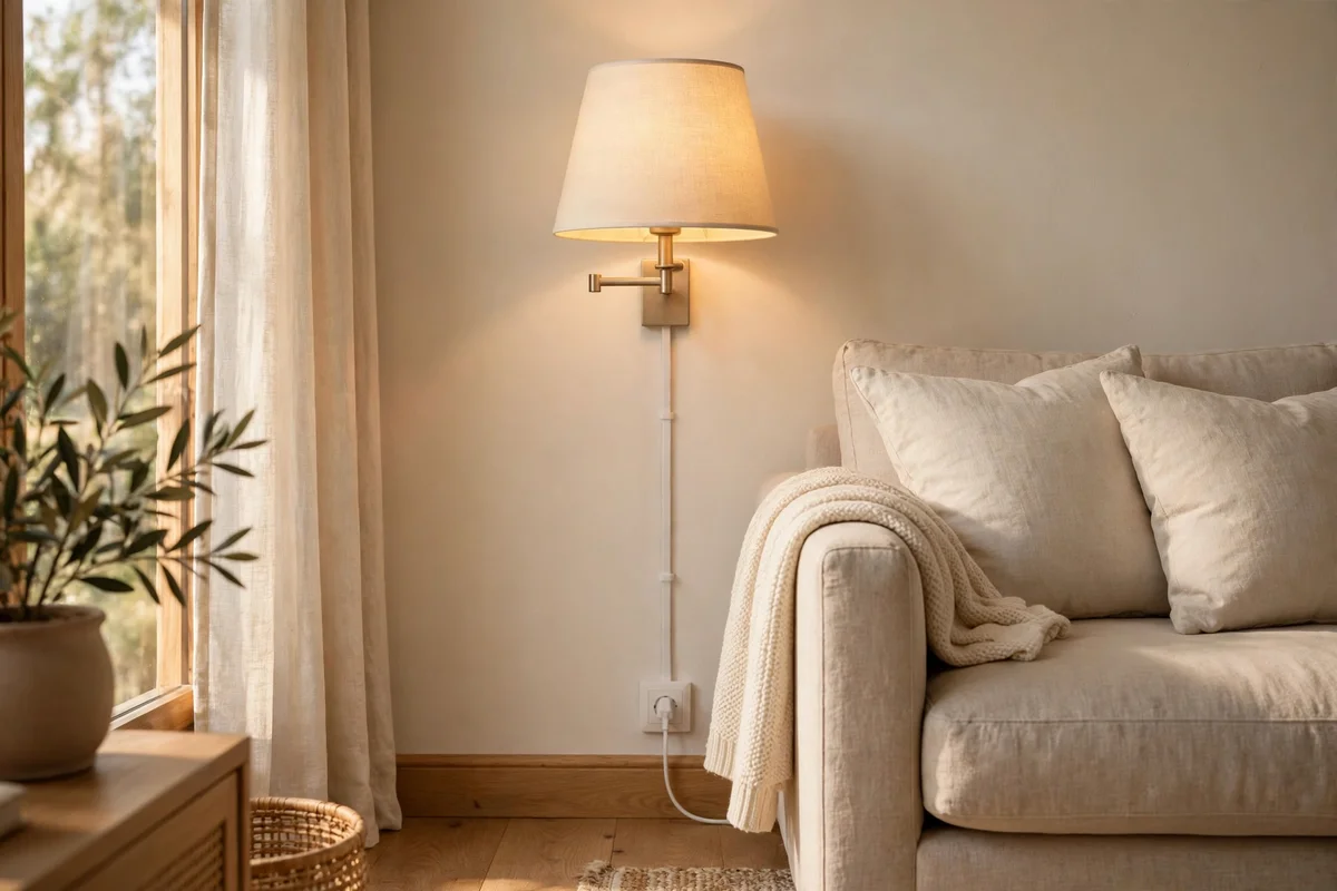 Plug in wall lamp with fabric shade glowing beside a sofa, slim cord cover running down the wall