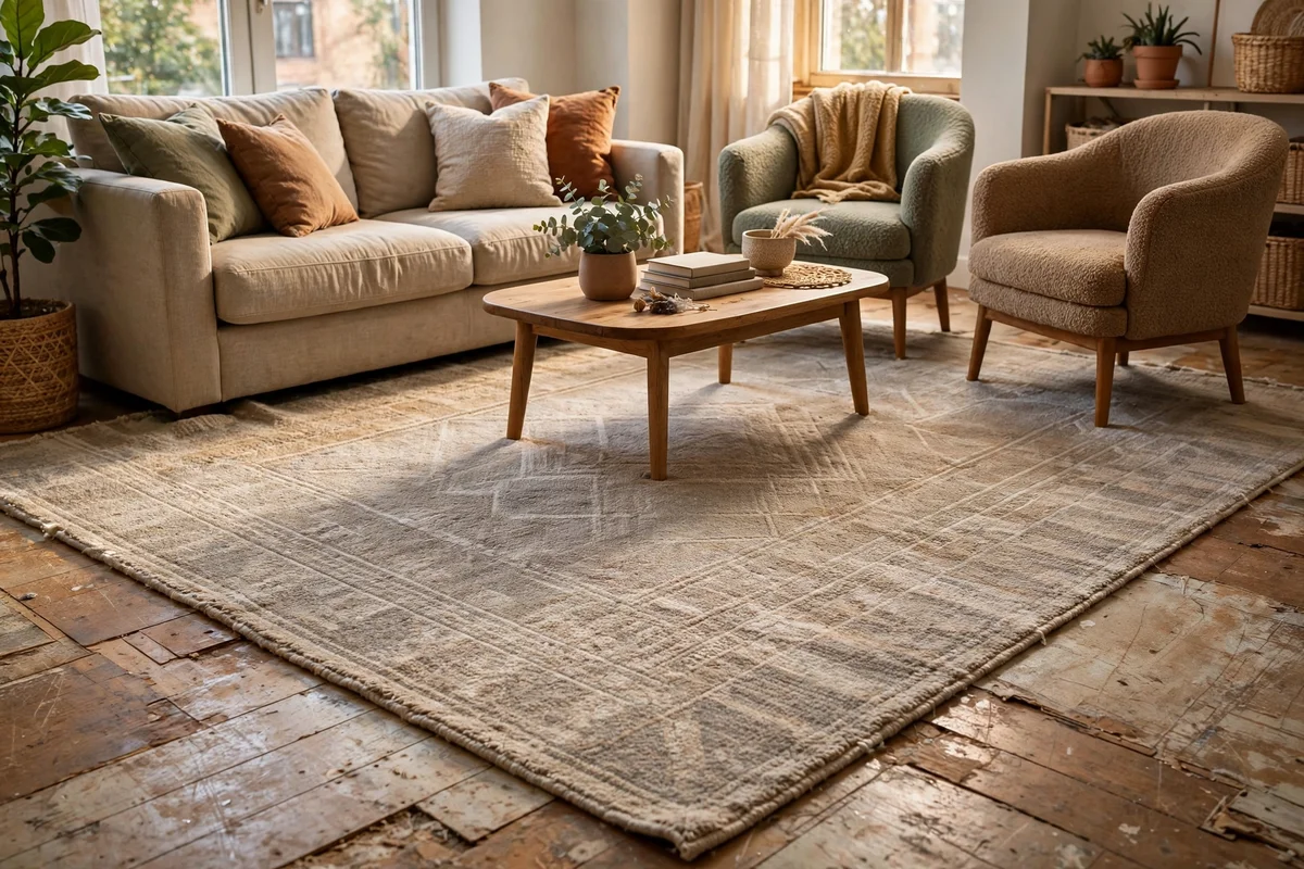 Oversized low pile rug covering tired flooring beneath a full apartment seating arrangement