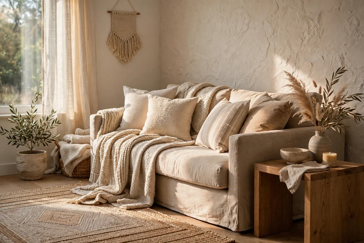 Apartment living room in warm white, oat and stone tones with layered textiles and wooden accents
