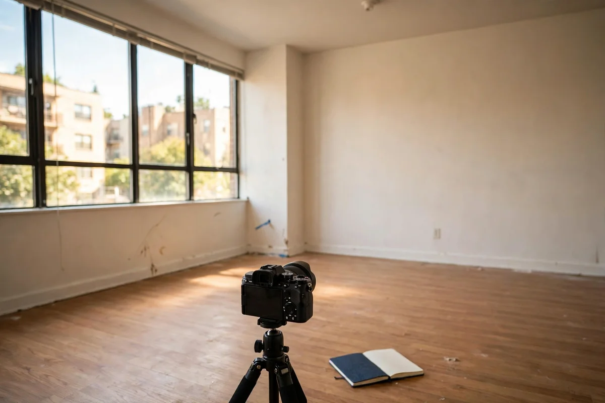 Renter photographing apartment walls in daylight on move in day, phone in hand, empty living room