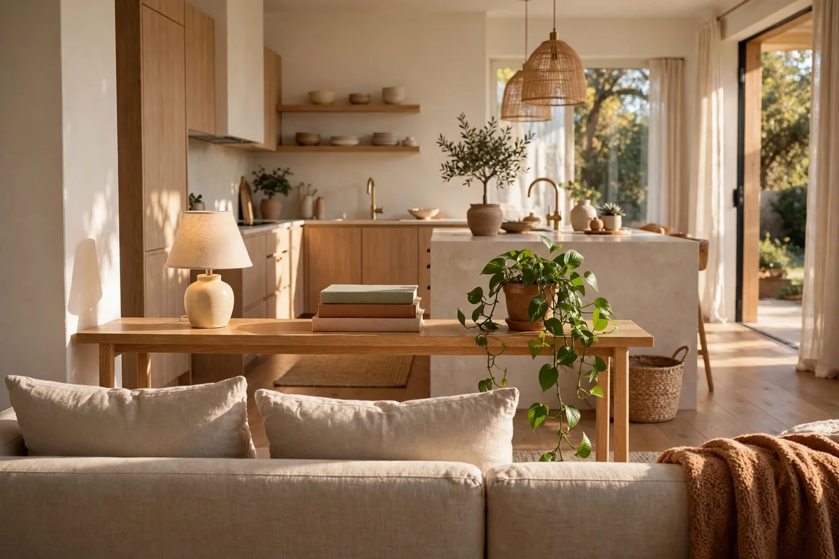 Slim console table behind a sofa styled with lamp, books and trailing plant in an open plan apartment