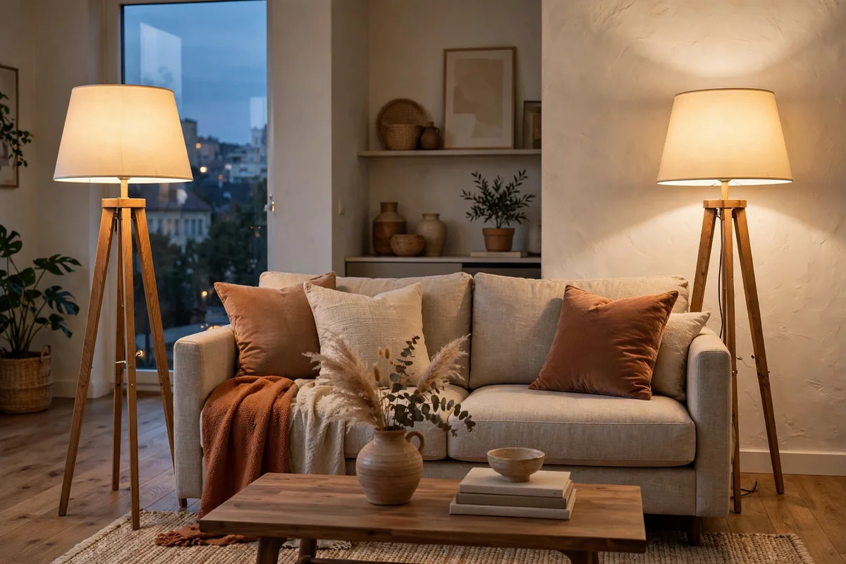 Two matching floor lamps with warm shades glowing in an apartment living room at dusk