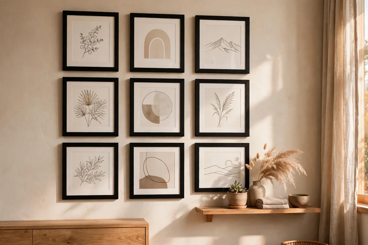 Gallery wall of framed prints in black frames arranged on an apartment wall, styled with small shelf