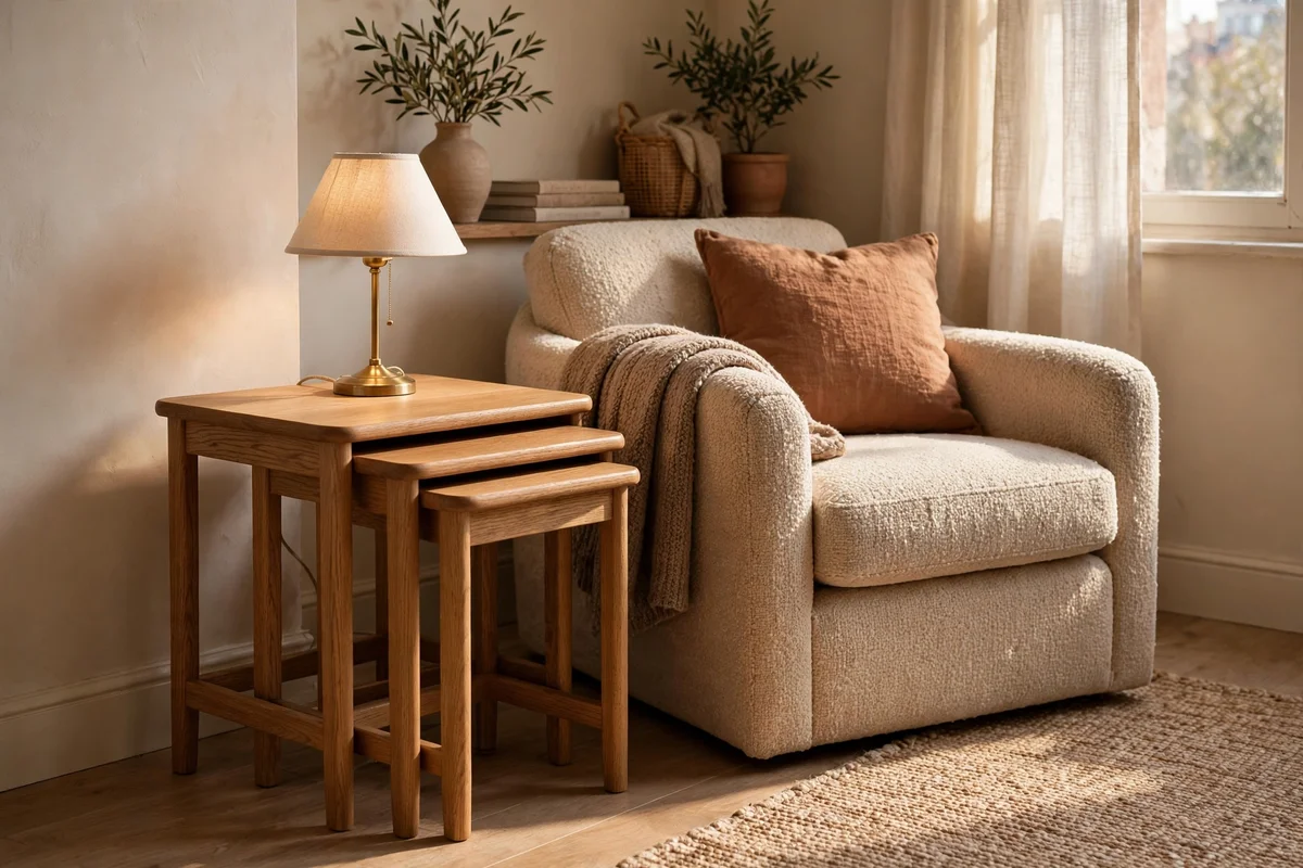 Nesting side tables in oak tucked beside an armchair in a small apartment living room