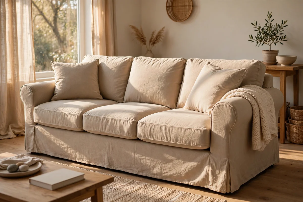 Rental sofa dressed in a washable flax linen slipcover with smooth tailored fit in a living room