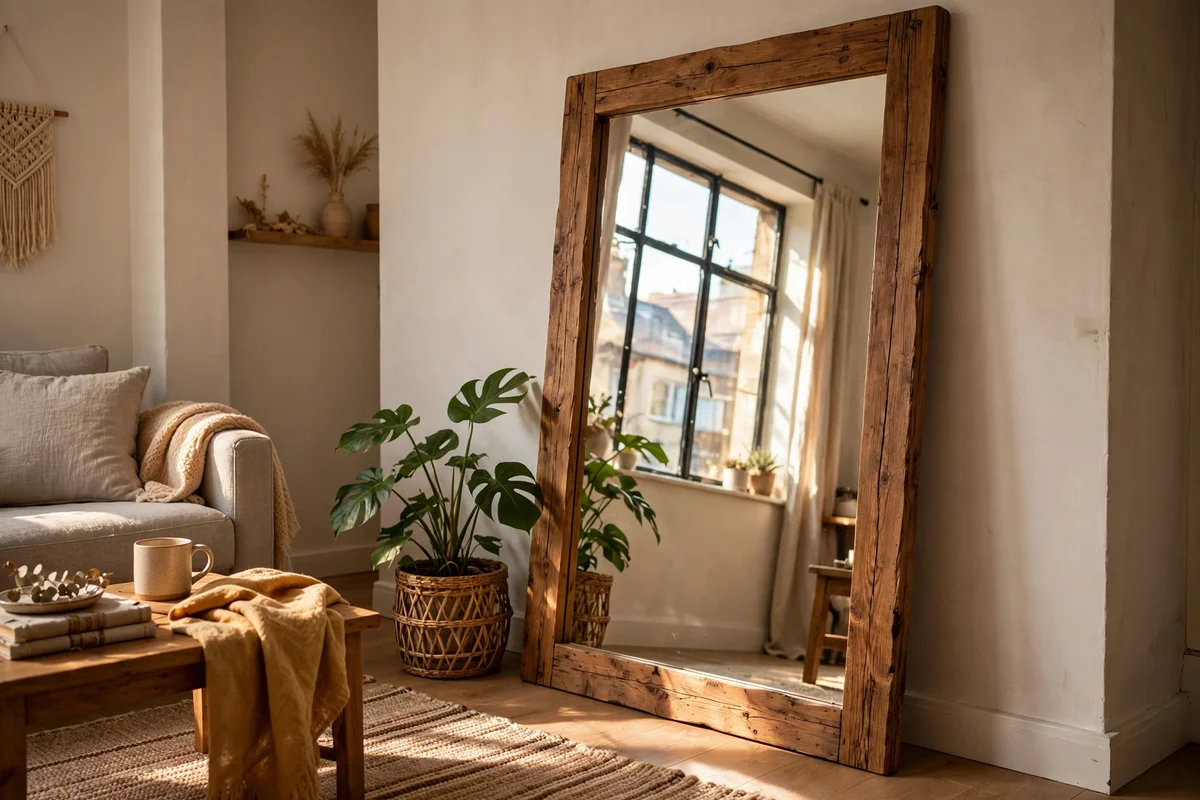Large timber framed leaner mirror reflecting window light in a small apartment living room