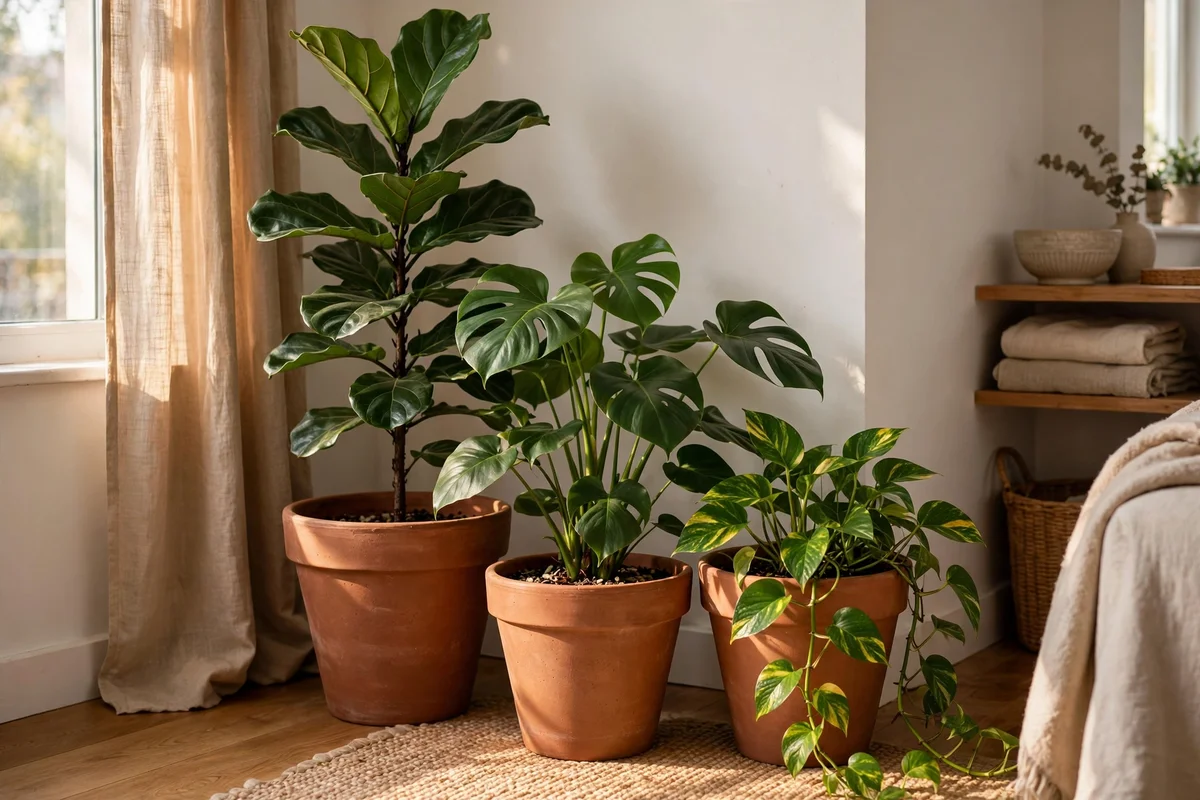 Three houseplants in matching clay pots grouped in a sunny apartment living room corner