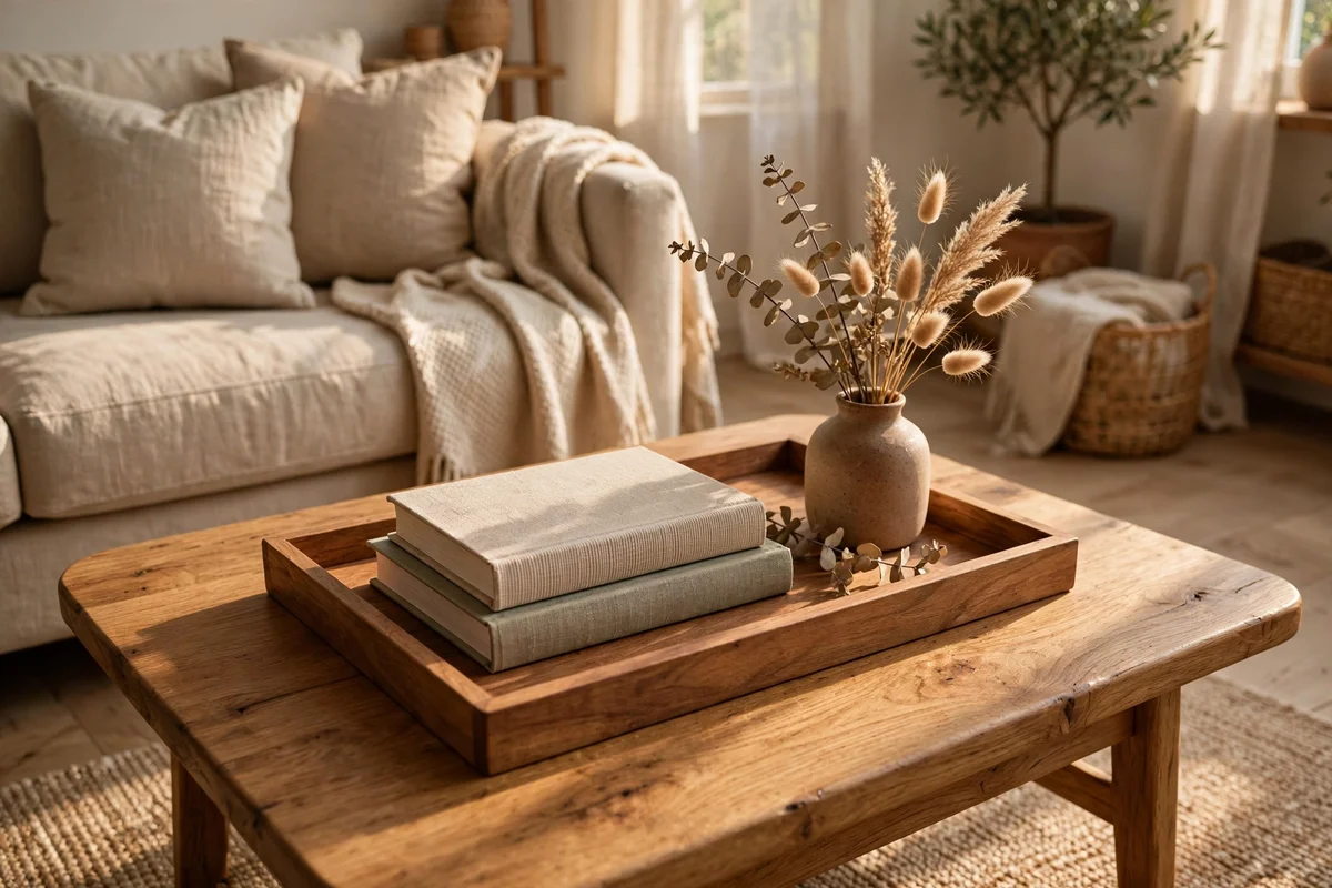 Coffee table styled with wooden tray, stacked books and small vase of dried stems in a living room