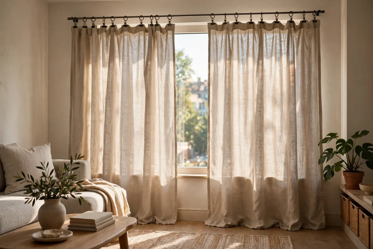 Linen look curtain panels on clip rings hung from a tension rod in an apartment living room