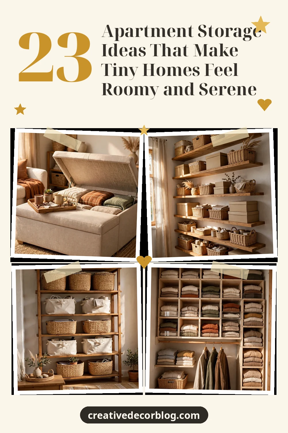 Pinterest pin with four apartment storage photos and the article title
