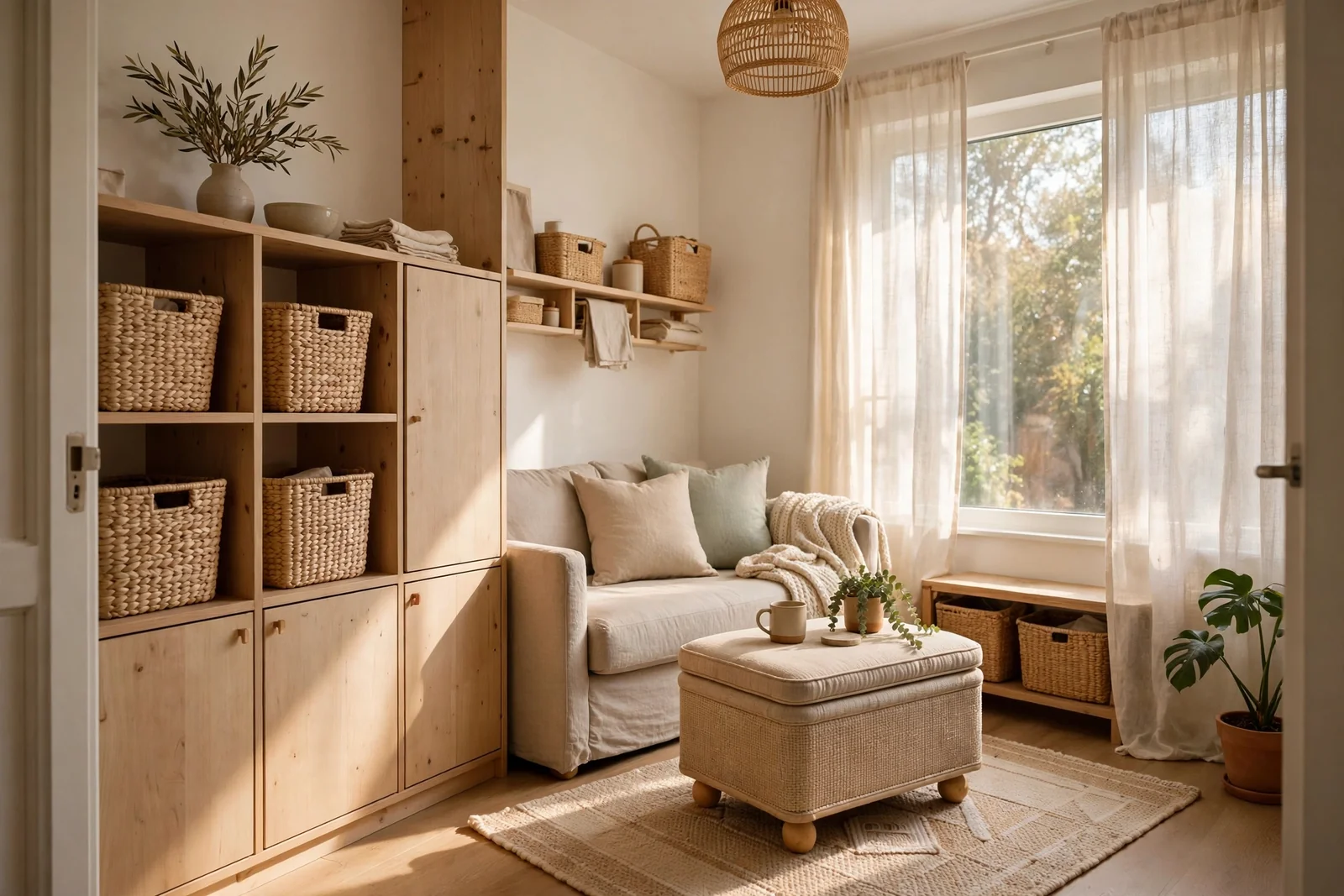 A bright tiny apartment living room with clever storage furniture and woven baskets