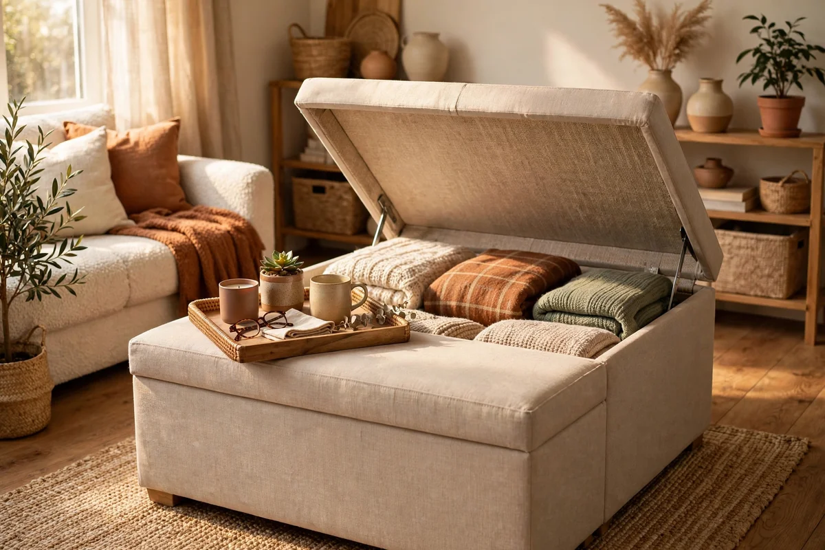 A storage ottoman used as a coffee table with blankets inside