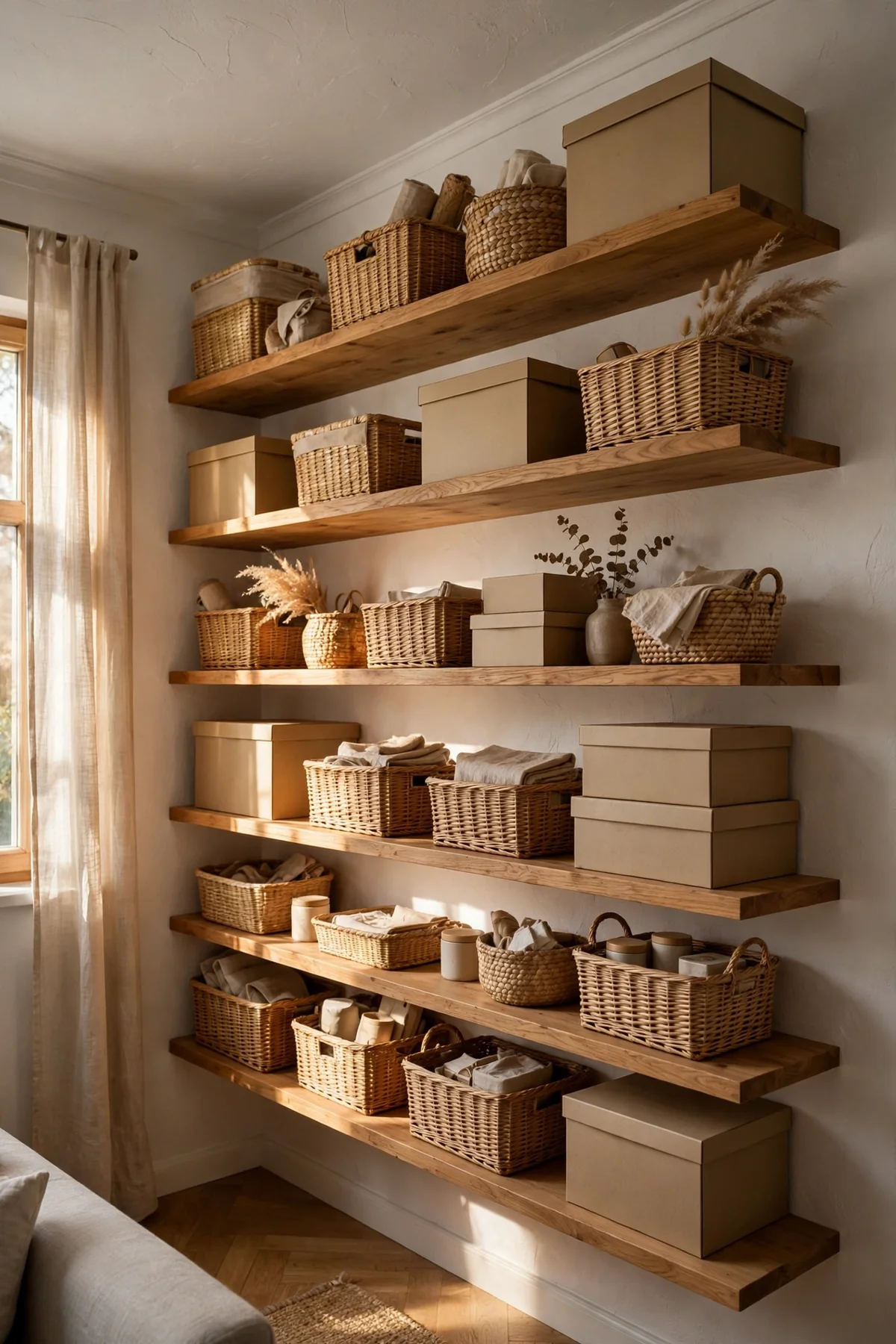 Floating shelves running up to the ceiling with matching baskets