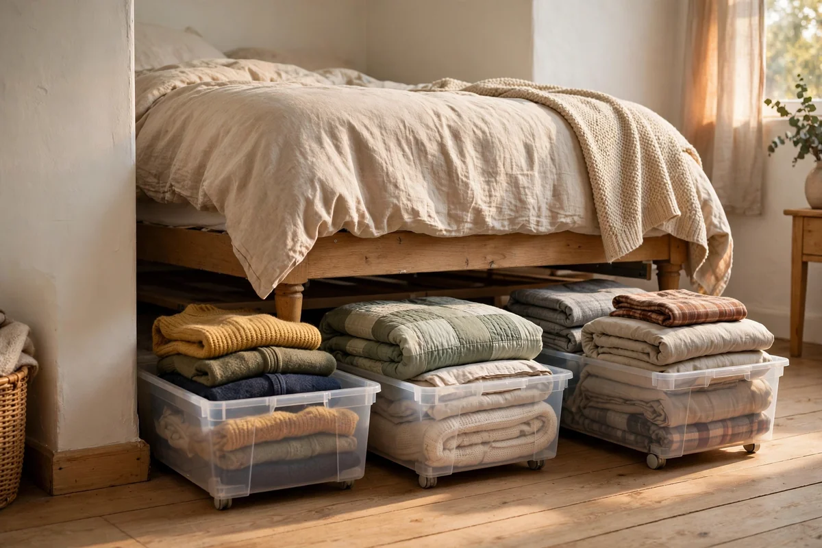 Low rolling bins sliding out from under a bed