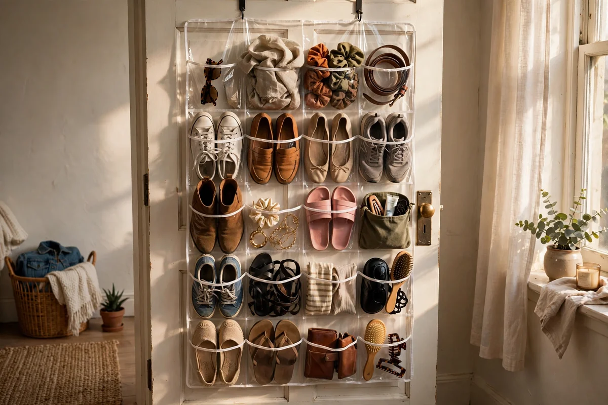 A clear pocket organizer on the back of a closet door