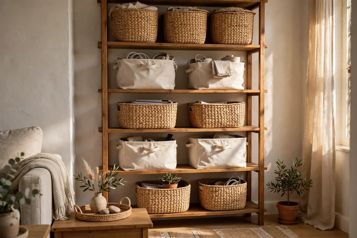 Open shelves styled with uniform woven baskets