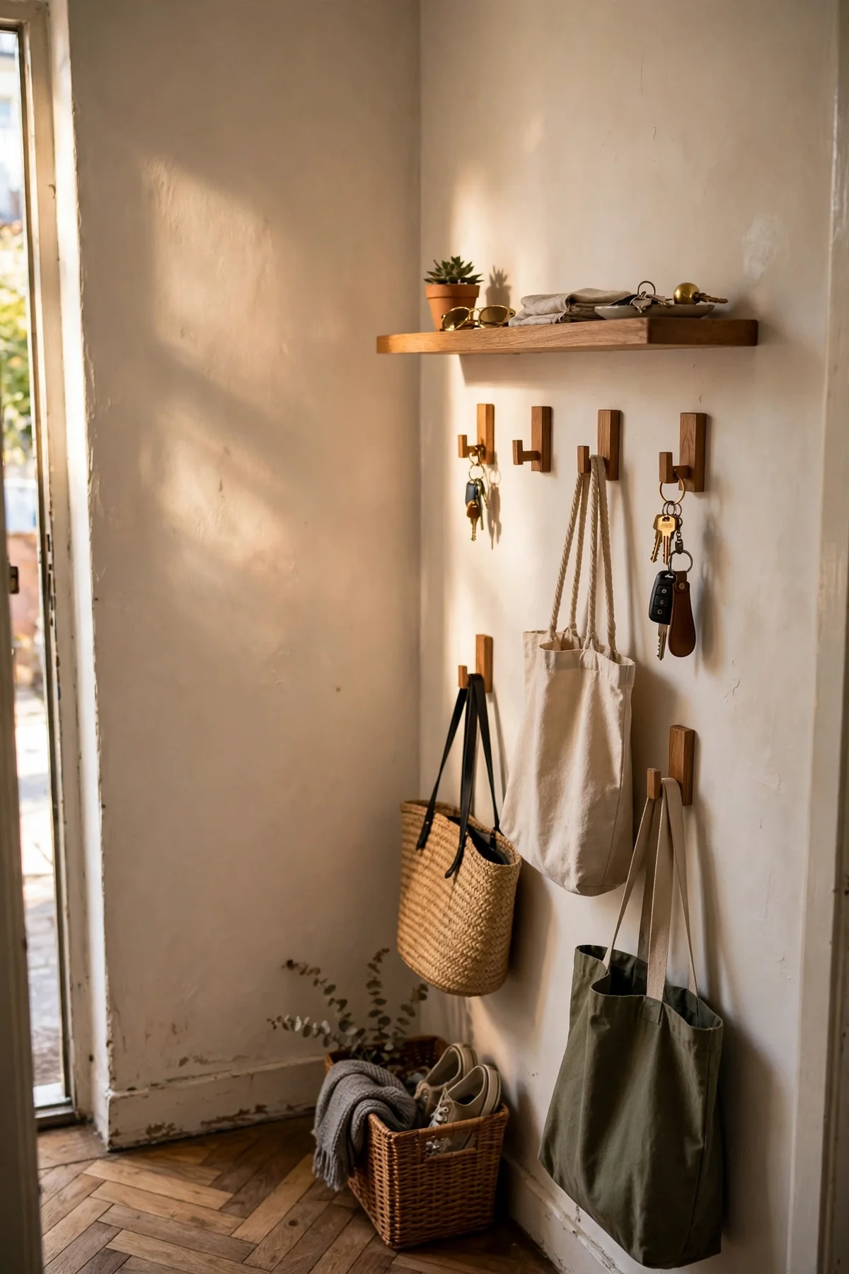 A narrow entryway shelf with hooks and a basket