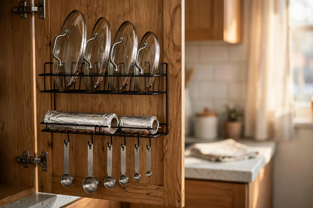 Racks holding lids and rolls inside a cabinet door