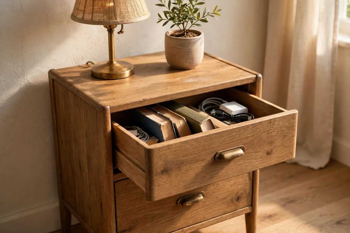 A nightstand with deep drawers holding books and chargers
