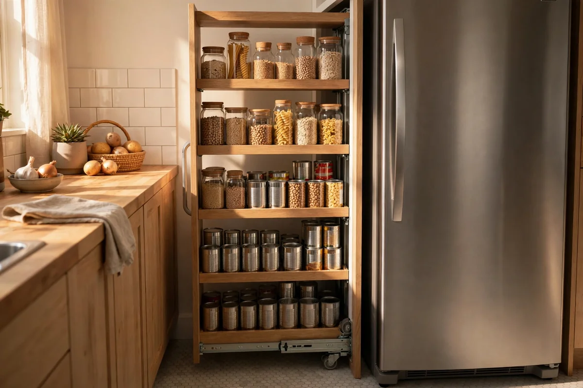 A slim slide-out pantry stocked with jars in a kitchen gap