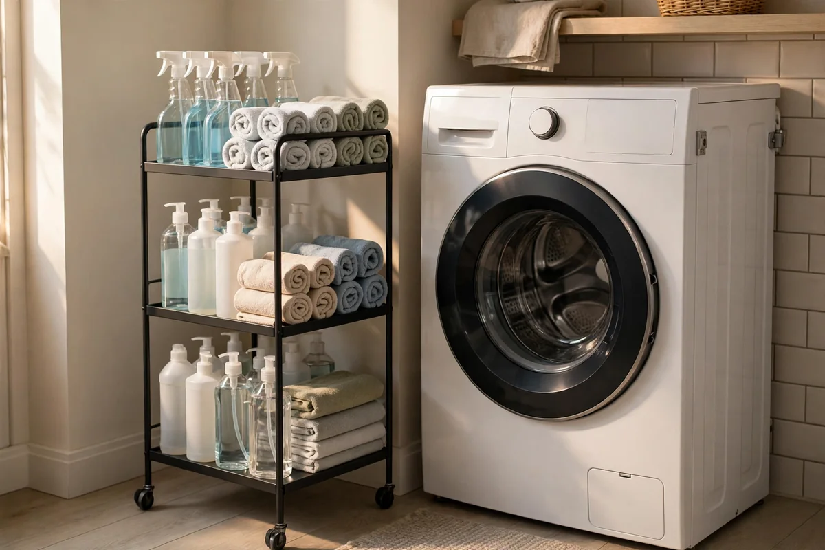 A three-tier rolling cart with cleaning supplies beside a washer