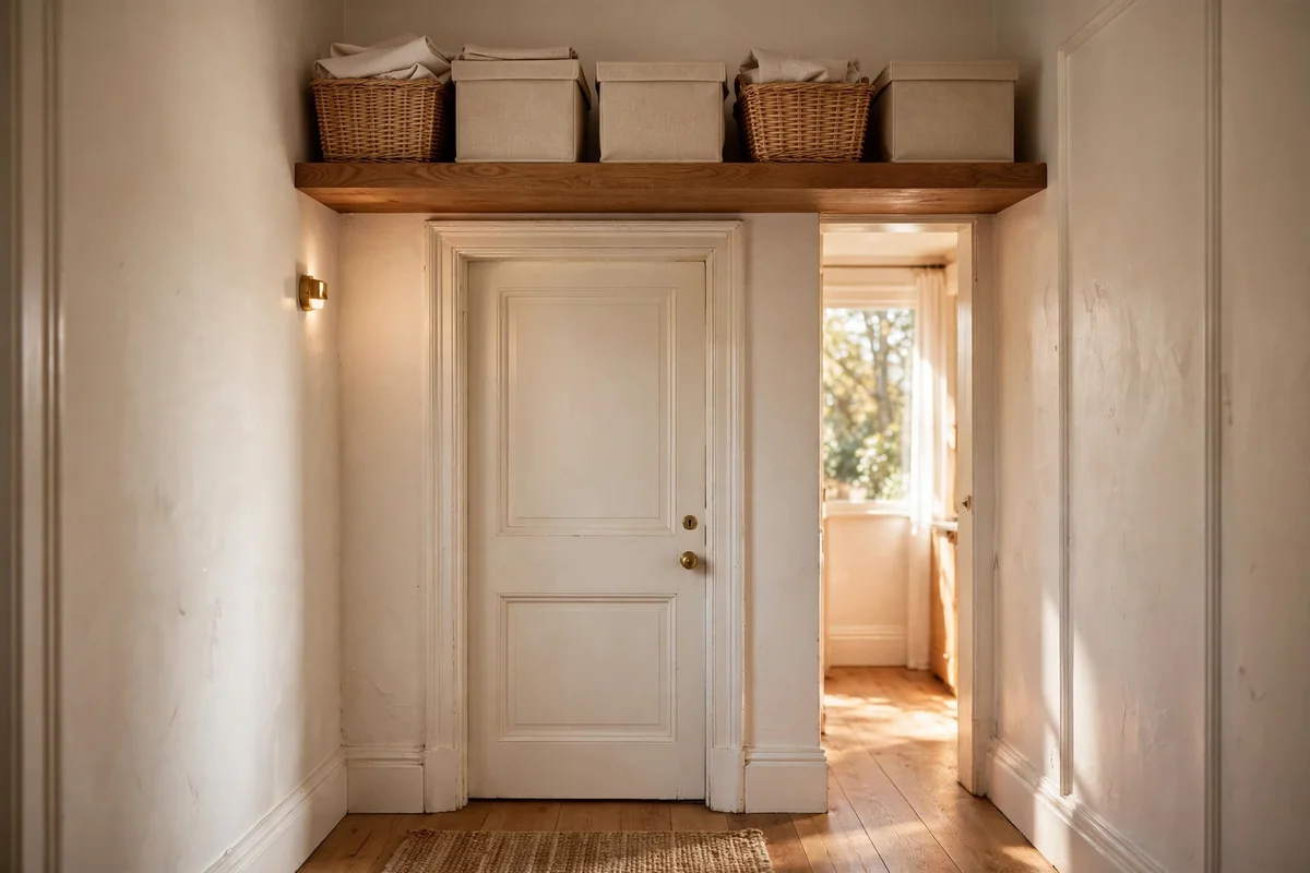 A shelf above a door frame holding matching storage boxes
