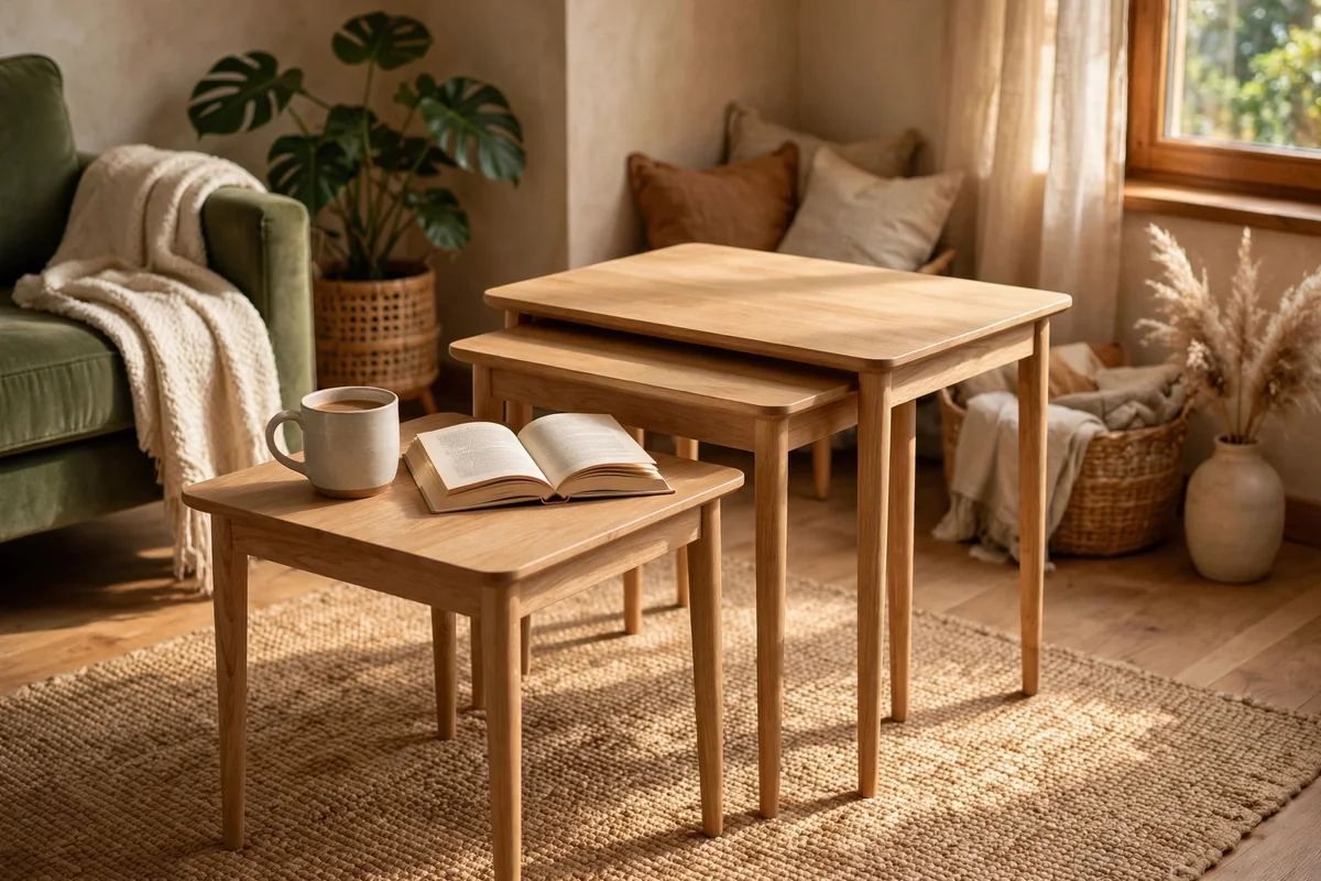 Wooden nesting tables tucked together in a compact living room
