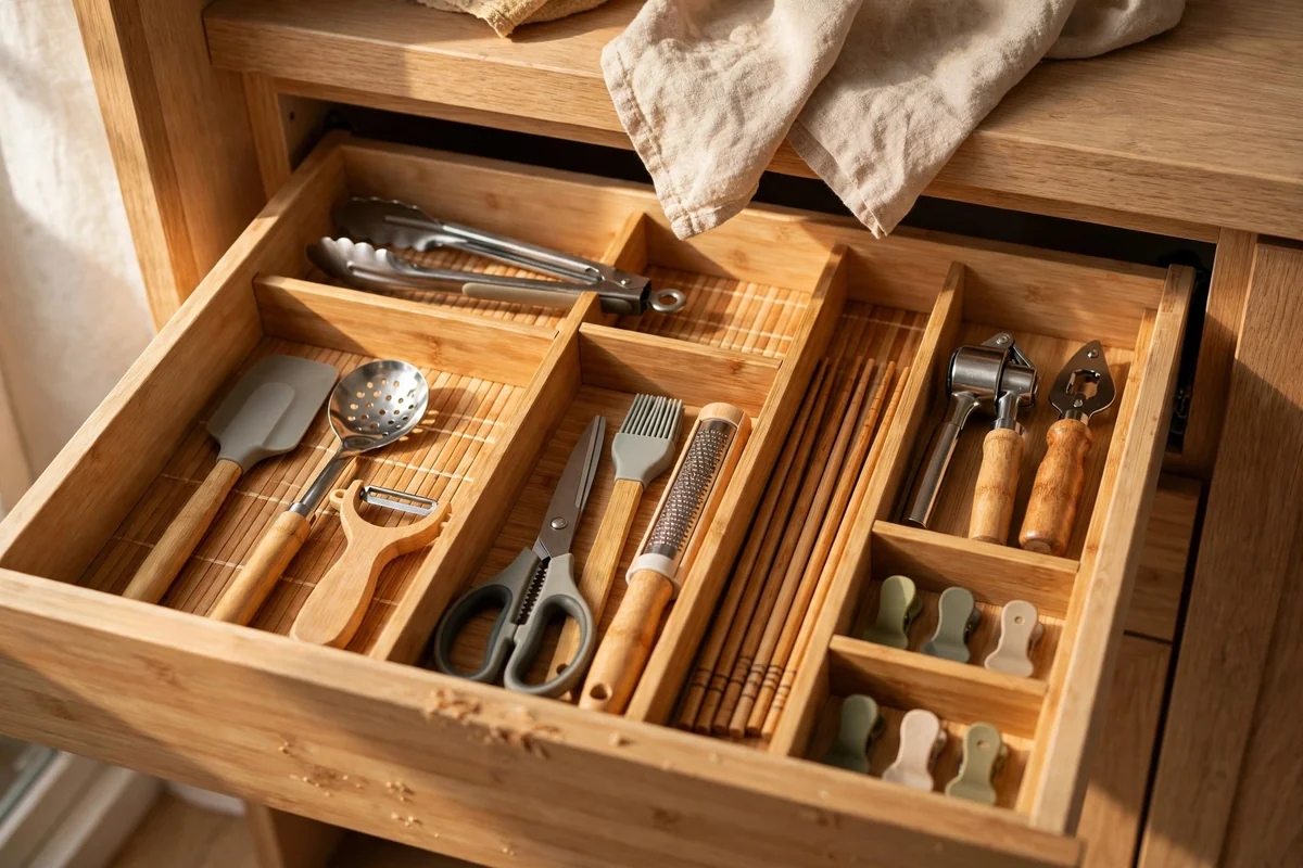An open drawer with bamboo dividers creating neat zones