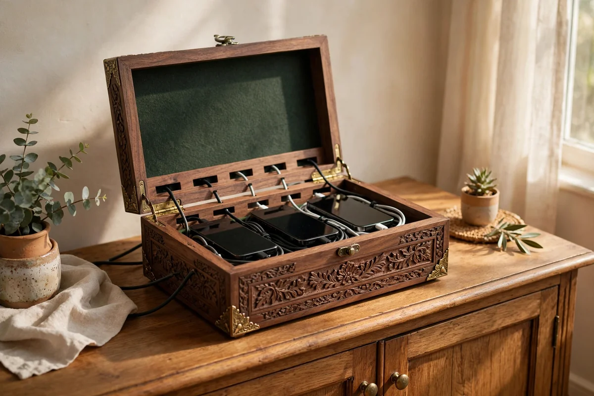 A lidded box hiding chargers and cables on a sideboard