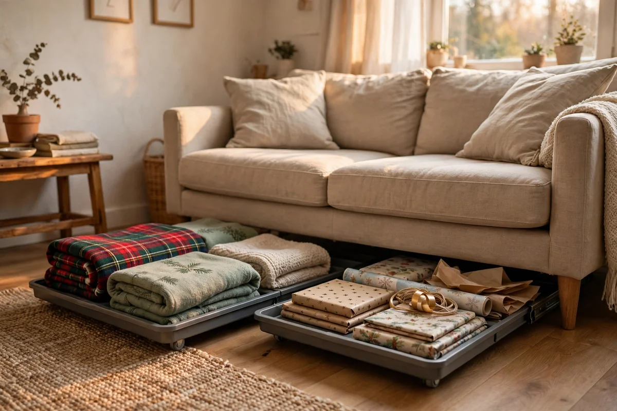 Flat storage trays sliding out from under a sofa