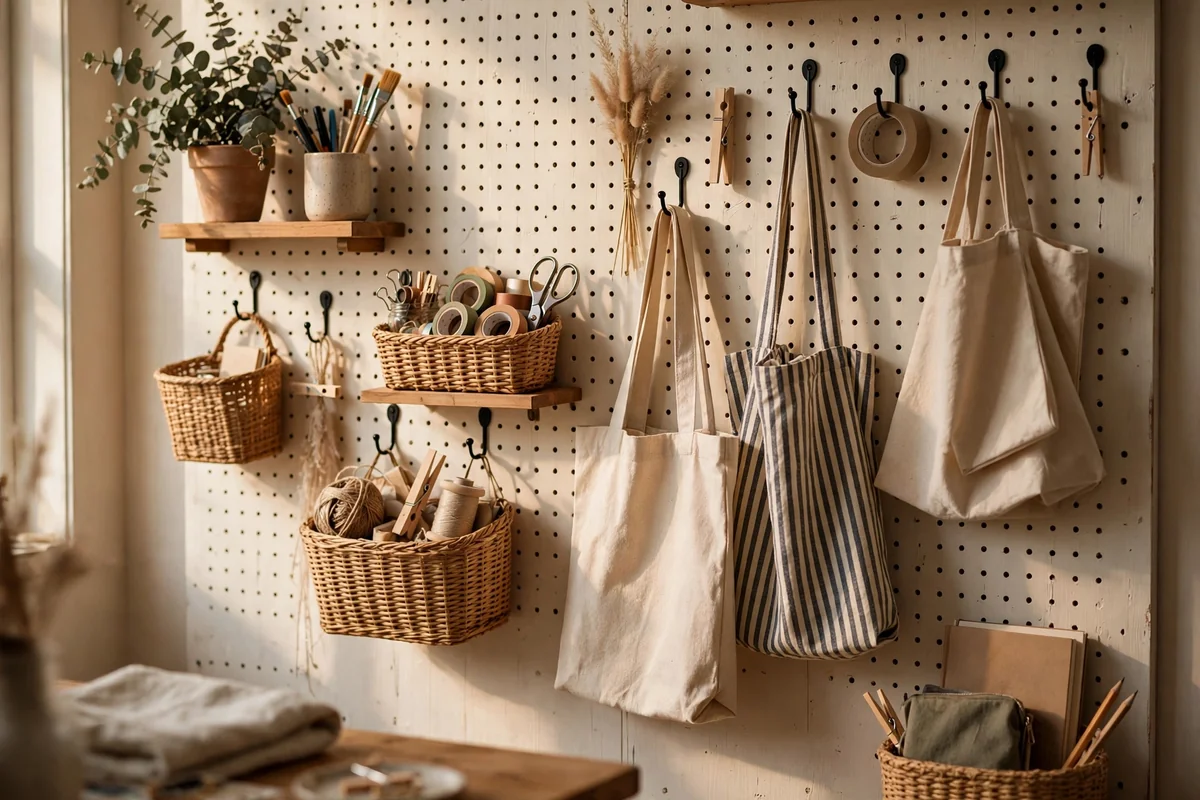 A painted pegboard wall with hooks, shelves and baskets