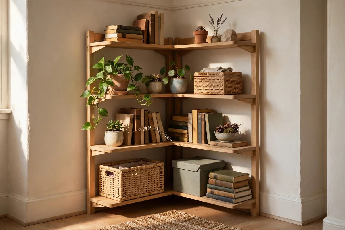 Tiered corner shelves holding books, plants and boxes