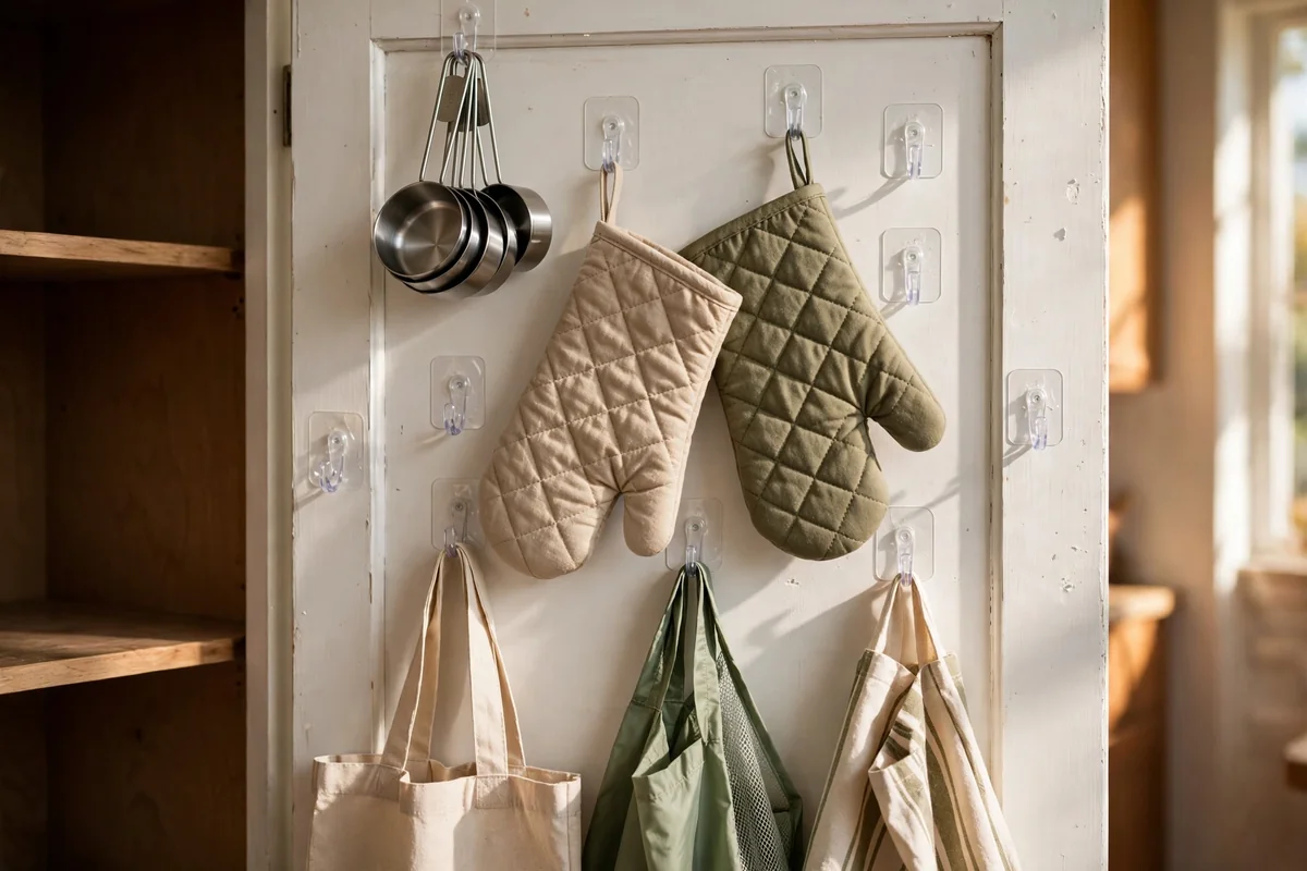 Adhesive hooks holding cups and mitts inside a cupboard door