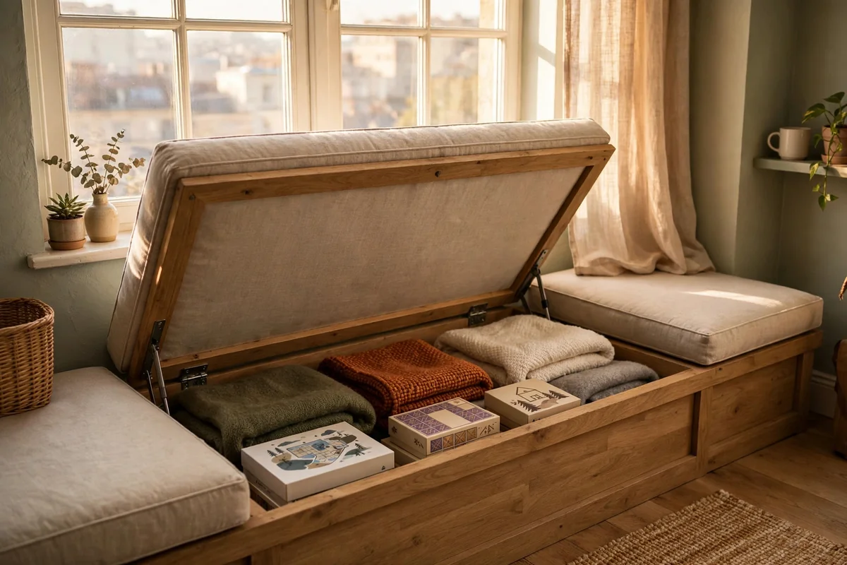 A window bench with its seat lifted showing storage inside