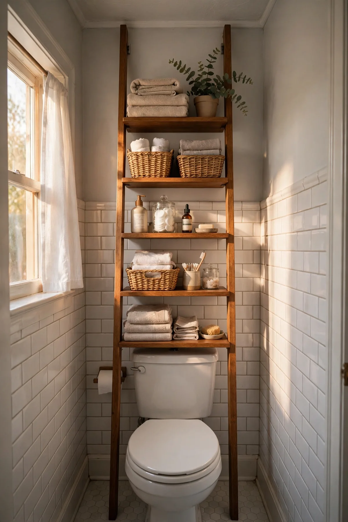 A ladder shelf over a toilet holding towels and baskets