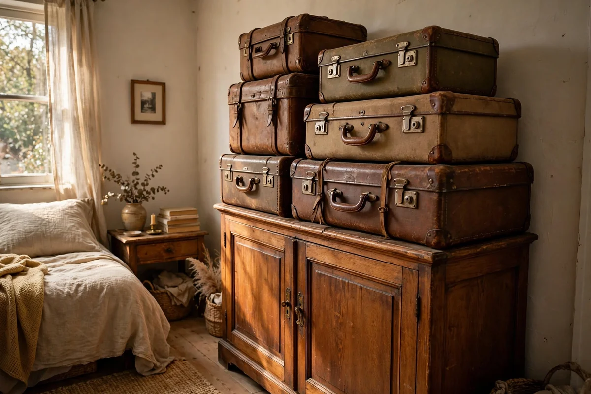 Vintage suitcases stacked on a wardrobe top as storage