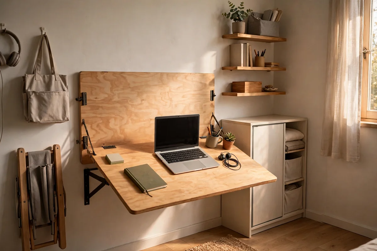 A fold-down wall desk in a tiny apartment workspace
