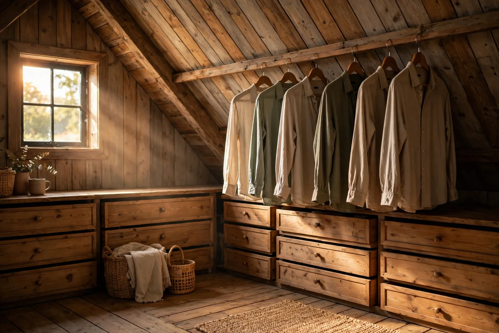Serene attic closet with sloped rail, eaves drawers and warm window light