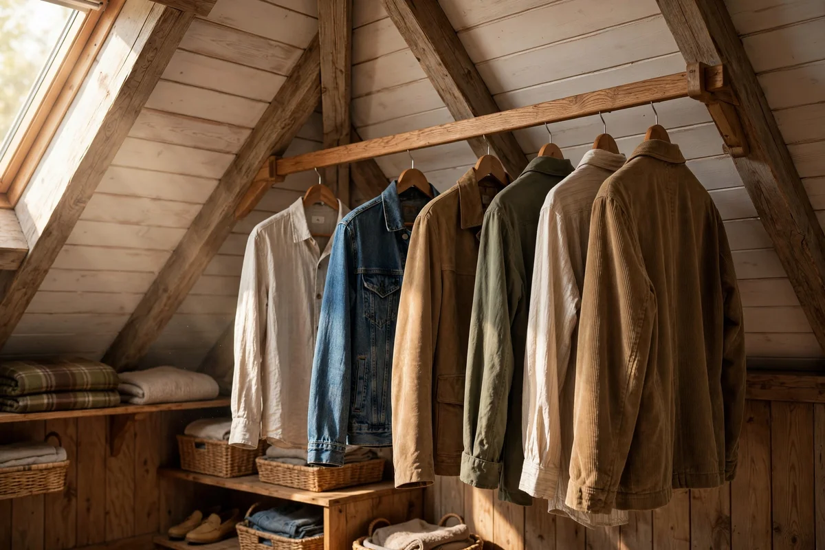 Sloped rail following an attic roofline with shirts hanging neatly