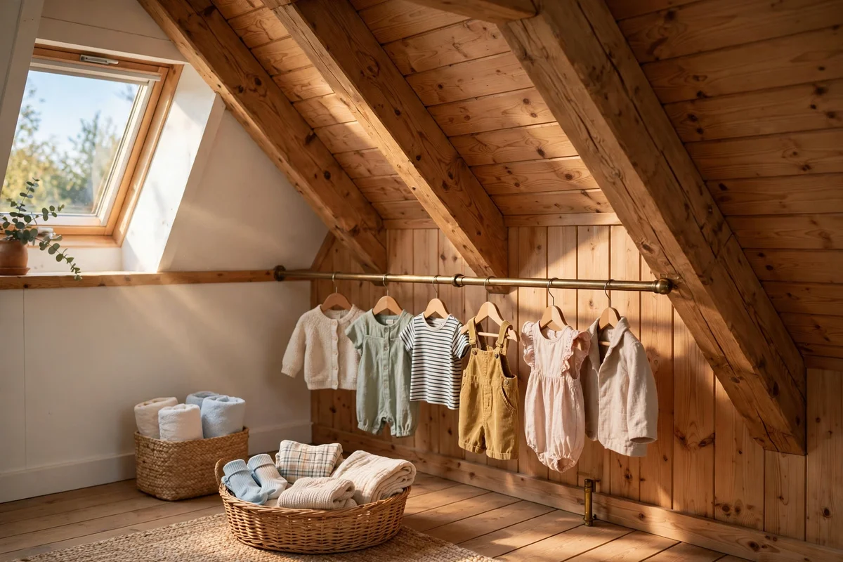 Low rail near attic eaves holding children's clothes