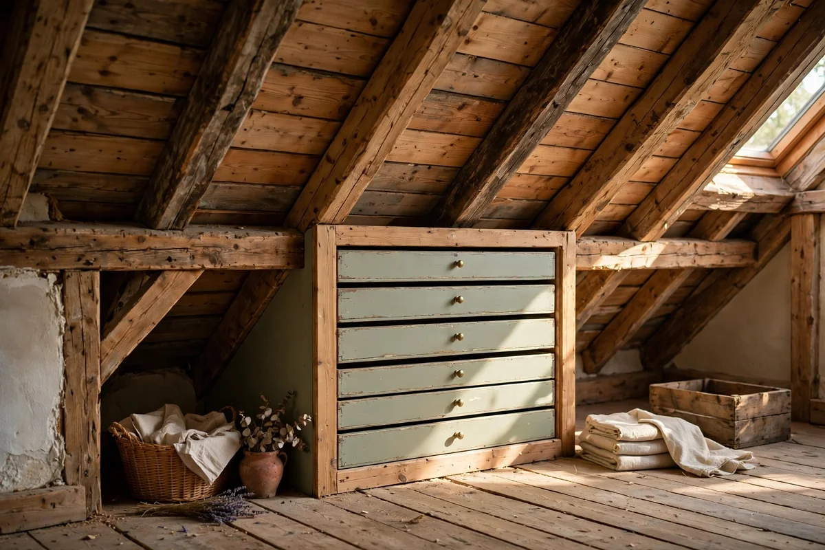Drawer stack built into the lowest bay of attic eaves