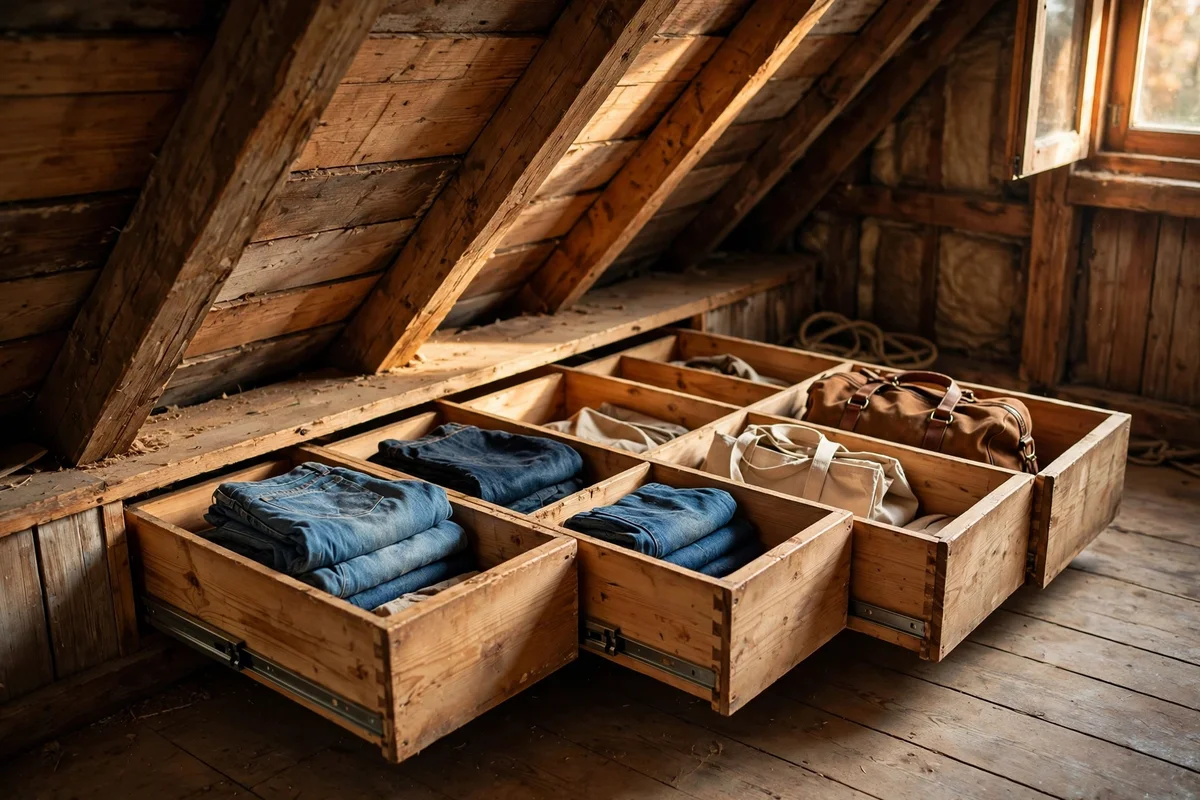 Pull-out cubbies sliding from the deepest attic slope