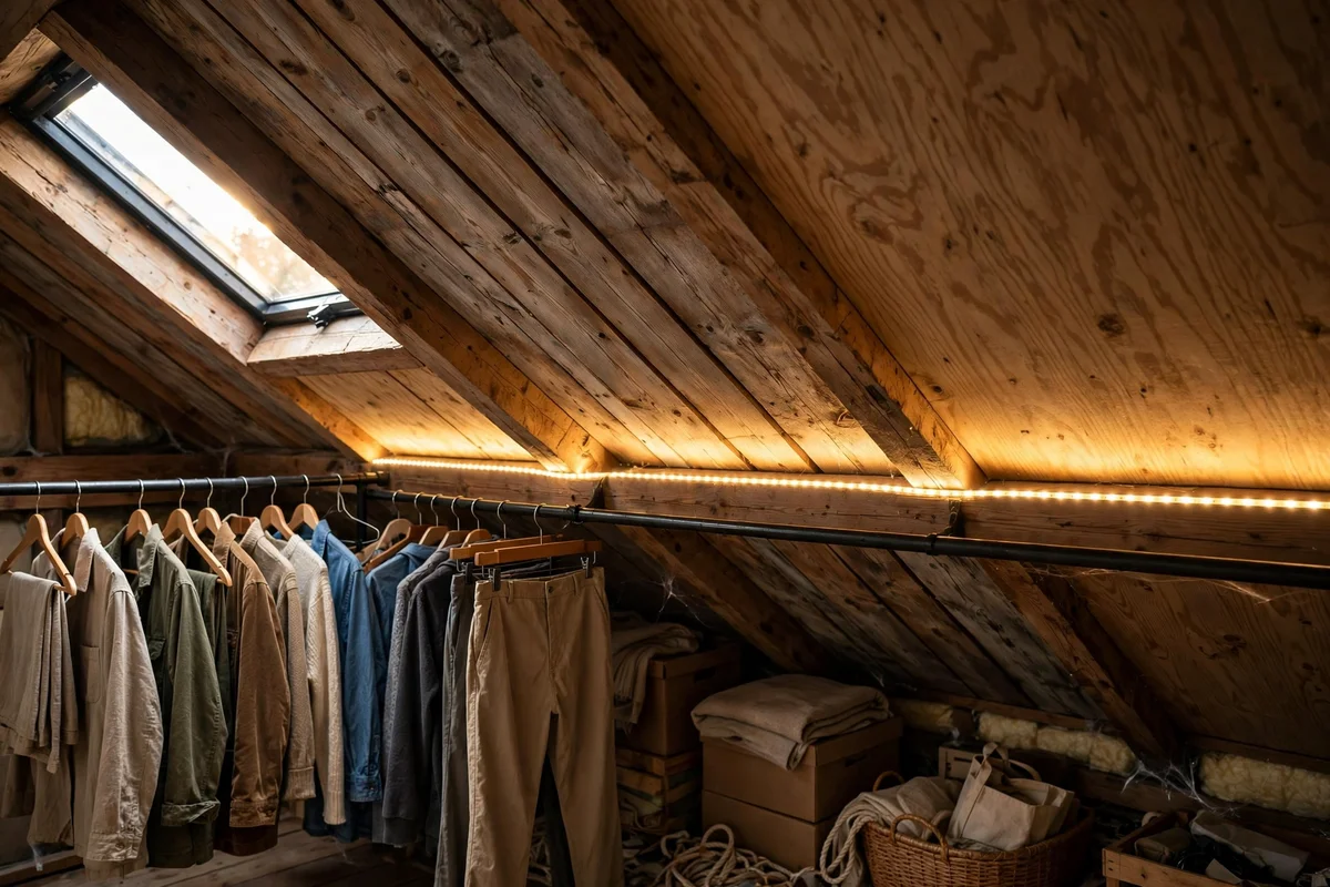 Battery LED strip glowing under an attic slope