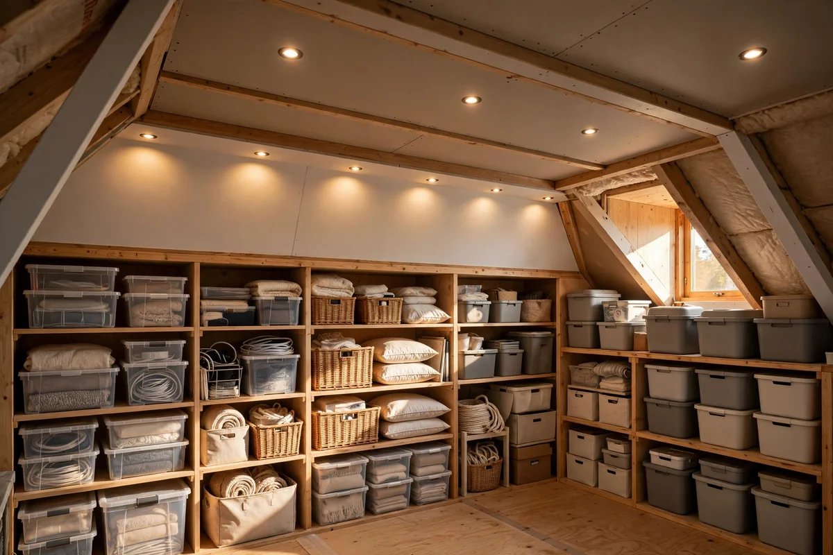 Recessed puck lights wired into an attic ceiling
