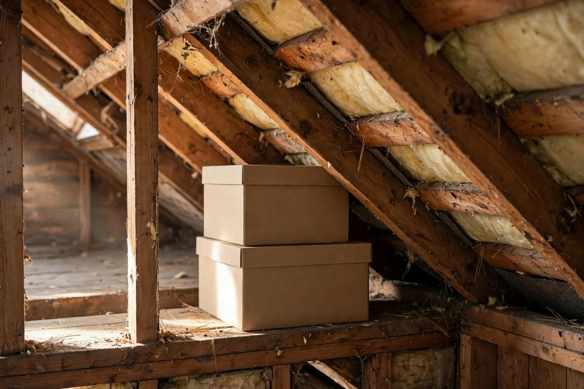 Plain storage boxes stacked at the deepest eaves point