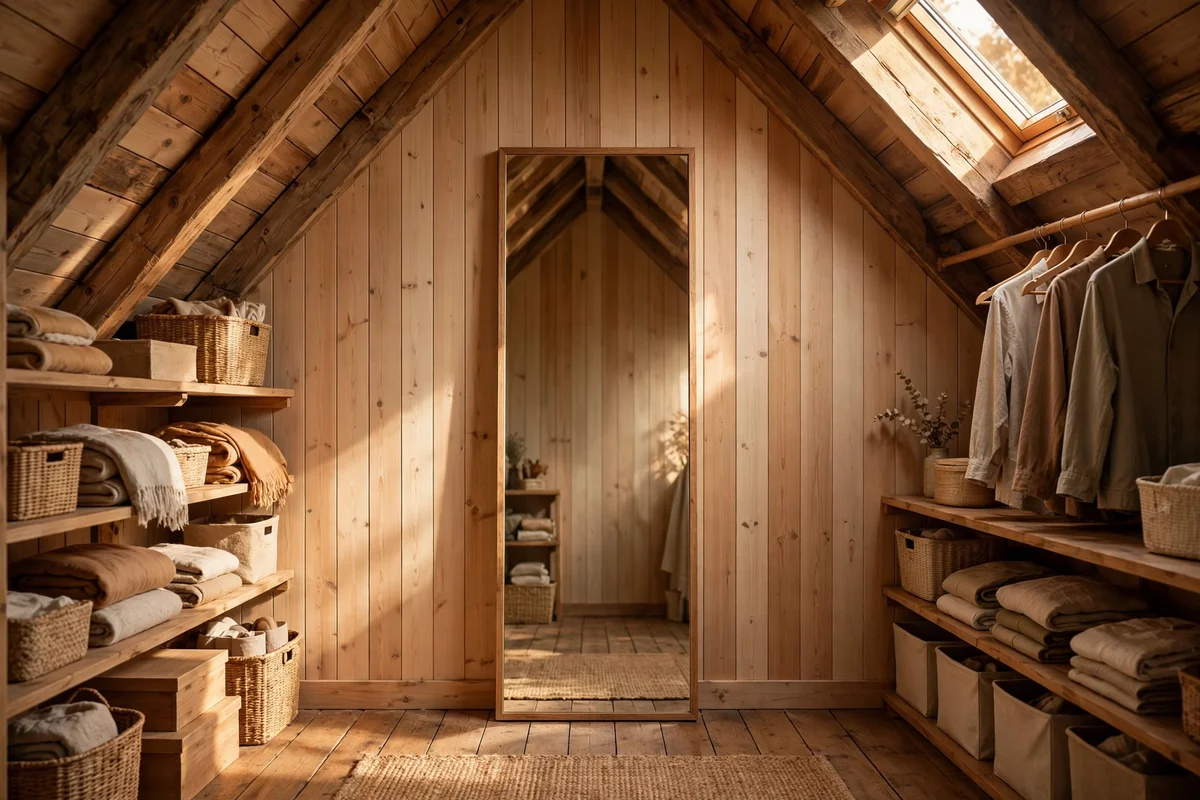 Full-length mirror on the full height attic wall