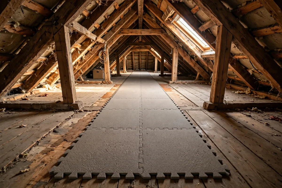 Carpet tiles laid across attic floorboards